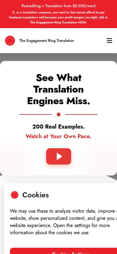 The Engagement Ring Translation mobile interface