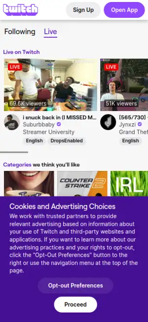 Twitch — mobile interface
