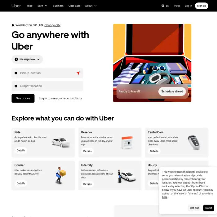 Uber — desktop interface